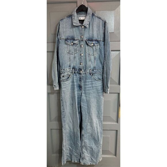 Zara NWT Cotton & Lyocell Denim long Sleeve Button Front Jumpsuit Union Suit NWT - Picture 2 of 6